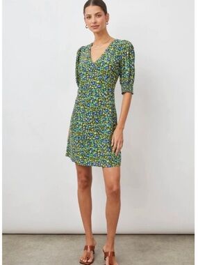 Rails Roma Dress Abstract Garden Print Green Blue Short Sleeve Size Small